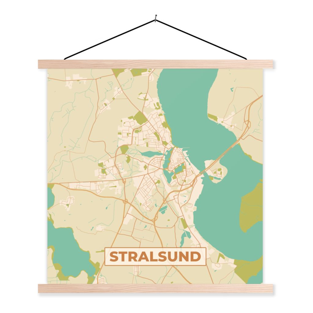 MuchoWow Textilposter Stralsund - Karte - Vintage - Stadtplan 120x120 cm mit holzfarbenen Rahmen - Textil-Poster