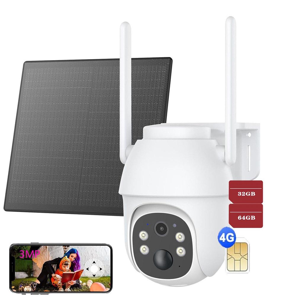 2K+ 3MP 4G LTE Batterie Überwachungskamera , 355°/90° Schwenken & Neigen, WiFi, SIM-Kartenslot, 32GB&64 TF Karte, 2-Wege-Audio