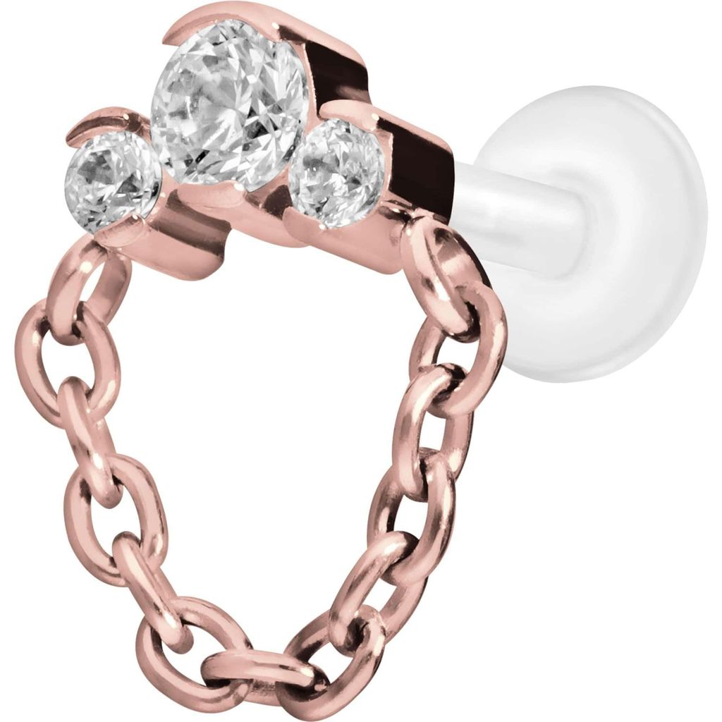 Ohrpiercing, Nasenpiercing PTFE Labret mit Innengewinde + Titan-Aufsatz 3 EINGEFASSTE KRISTALLE + KETTE RoséGold Stablänge: 5mm | Stabstärke: 1,2mm