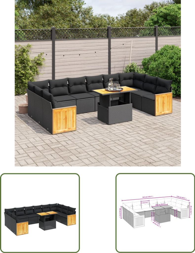 The Living Store 11-tlg. Garten-Sofagarnitur mit Kissen Schwarz Poly Rattan