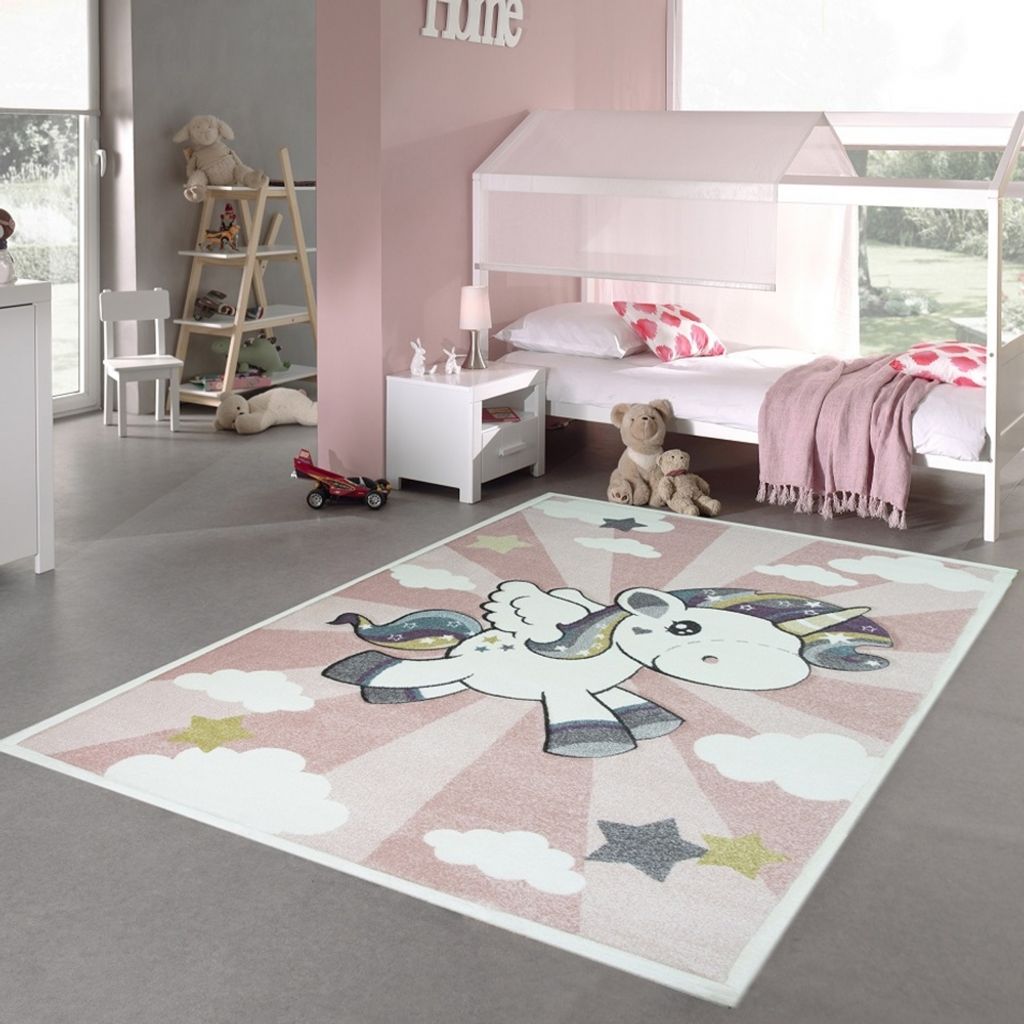 Kinderteppich Spielteppich Babyteppich mit Einhorn Regenbogen in Rosa Creme Größe - 200 x 290 cm