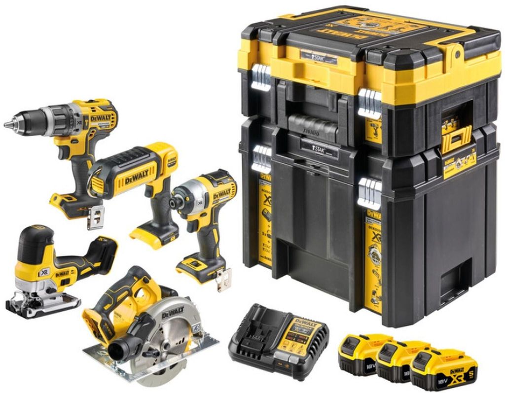 DEWALT Elektrowerkzeug-Set Combo 18V DCK500P3T mit Bohrschrauber DCD796, Schlagschrauber DCF887, Kreissäge DCS570, Säbel