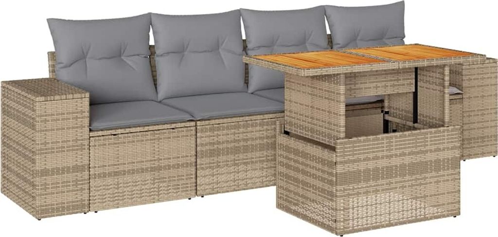 vidaXL 5-tlg. Garten-Sofagarnitur mit Kissen Beige Poly Rattan