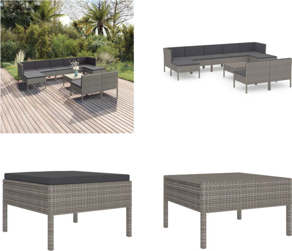 vidaXL 10 tlg. Garten Lounge Set mit Auflagen Poly Rattan Grau - Garten-Sofagarnitur - Garten-Sofagarnituren - Gartensofa-Set - Gartensofa-Sets