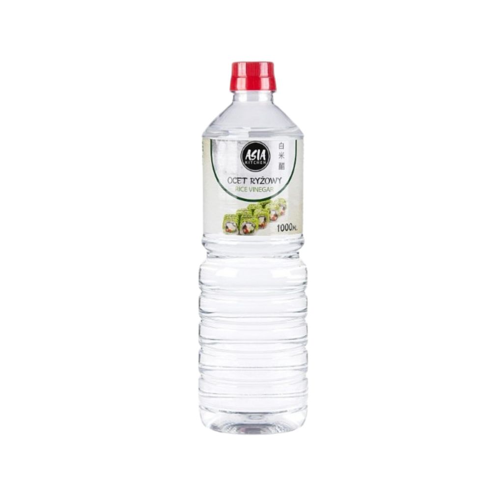 A bottle of rice vinegar on a white background.