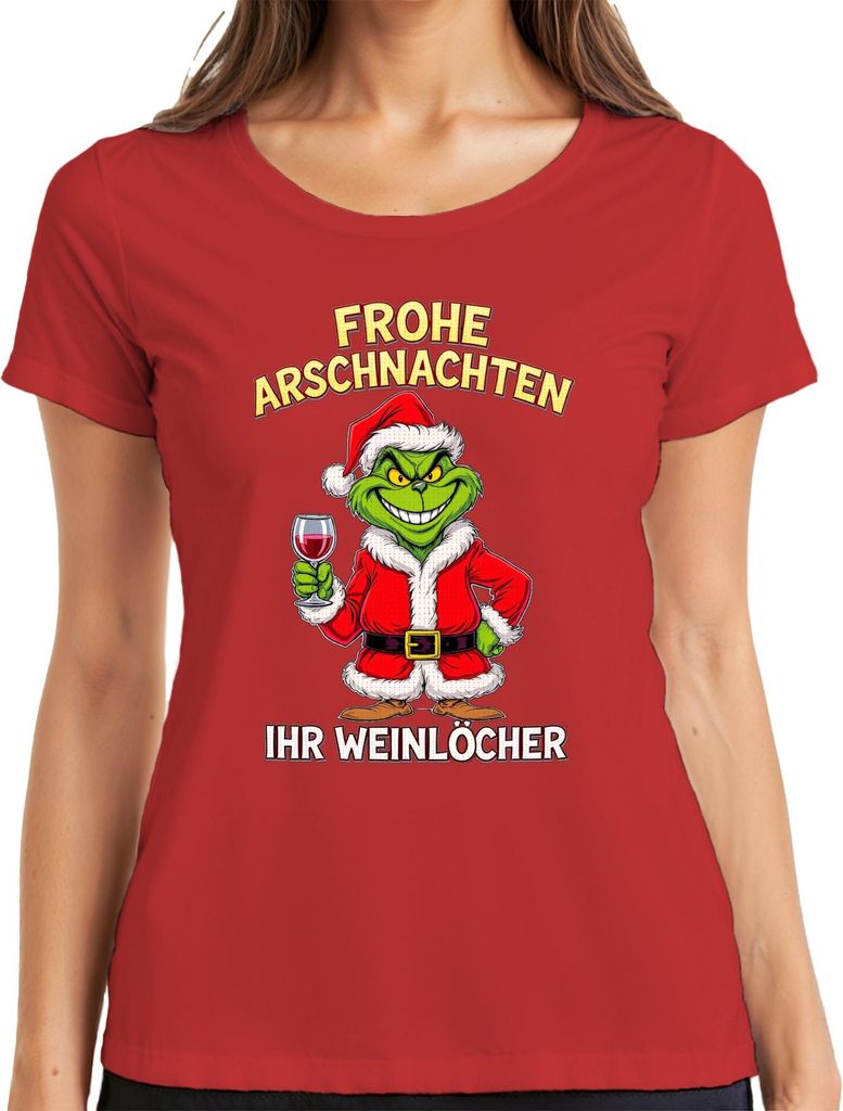 Frohe Arschnachten Weihnachtsgrinch Weinhumor Geschenk Weinparty Damen T-Shirt, Rot, XXL