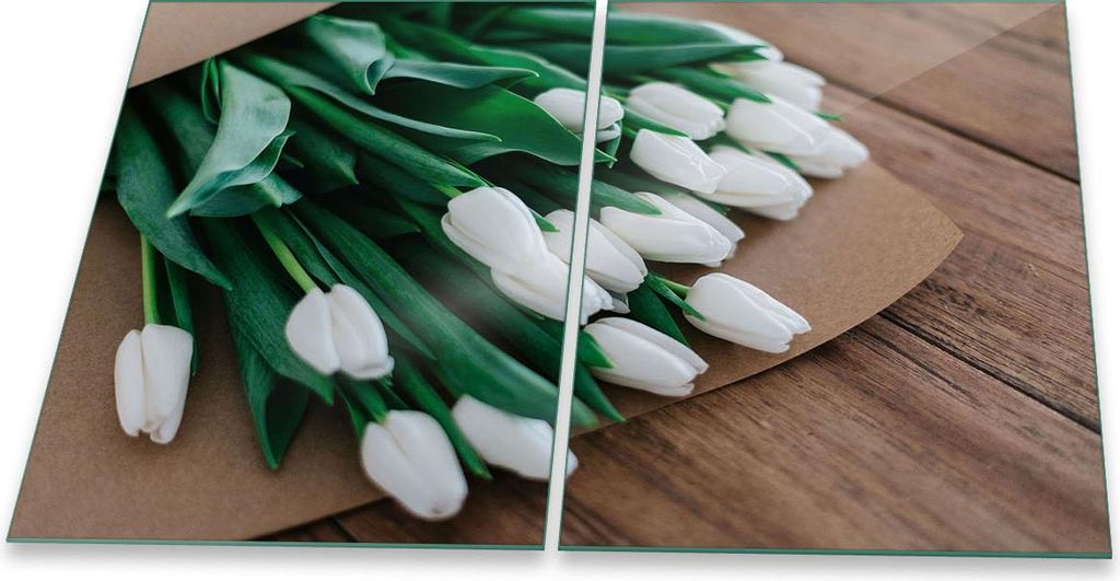 Herdabdeckplatte Glaskeramik 2-Teilig 2x40x52 Blumen Weiß Abdeckung Spritzschutz Glas