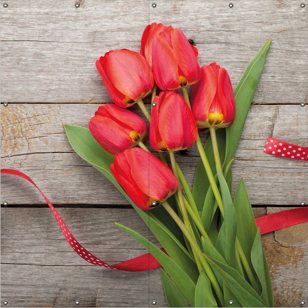 Wallario Outdoor-Poster für Garten oder Balkon, Motiv Rote Tulpen auf einem alten Holztisch, in ca. 180 x 180 cm