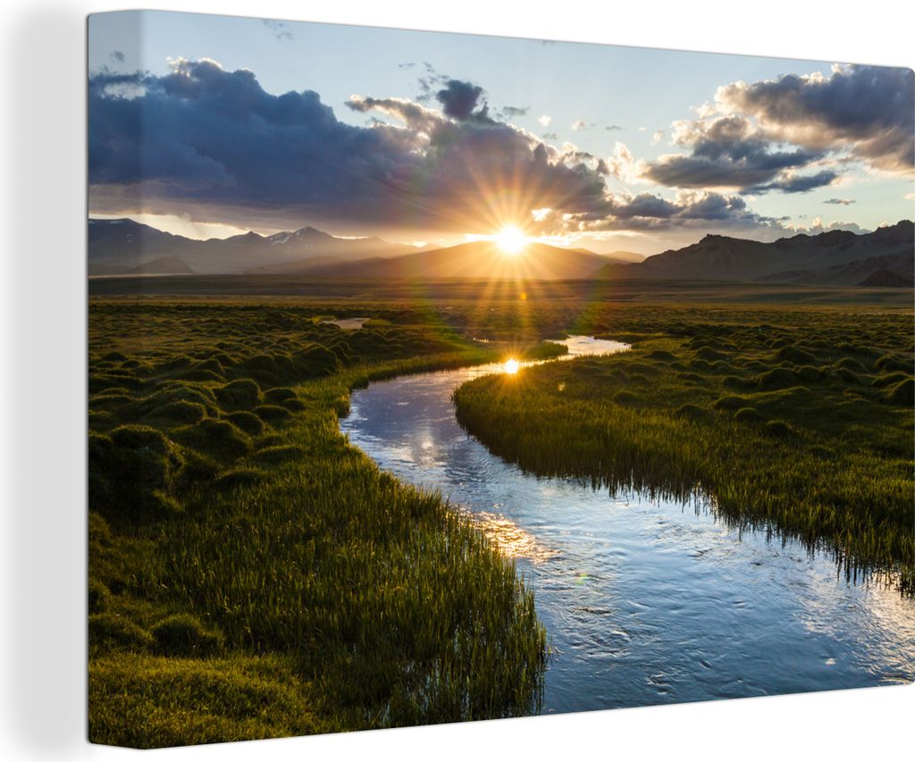 OneMillionCanvasses - Leinwandbilder - 140x90 cm, Sonnenuntergang über einem ruhigen Fluss, Wandbilder Kunstdruck Wanddekoration
