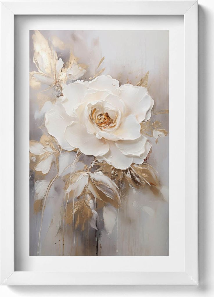 Zarte gemalte Blume– Wandbild mit Rahmen – Gerahmtes Bild – Wanddekoration – 20x30 cm – Weiß