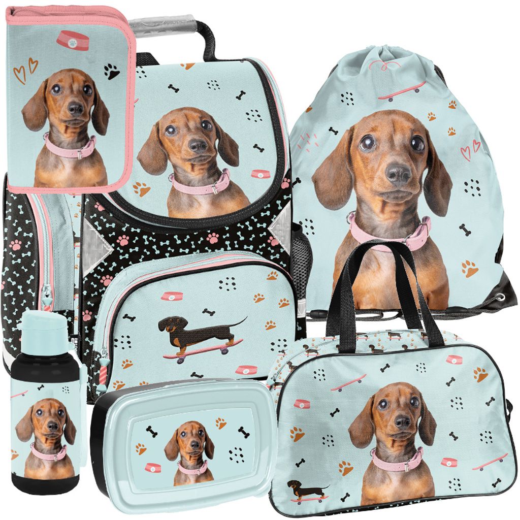 Schulranzen 6-tlg. Set für Mädchen & Jungen DACKEL hund – Paso Ranzen, Mäppchen, Tasche, Flasche, Frühstückstasche
