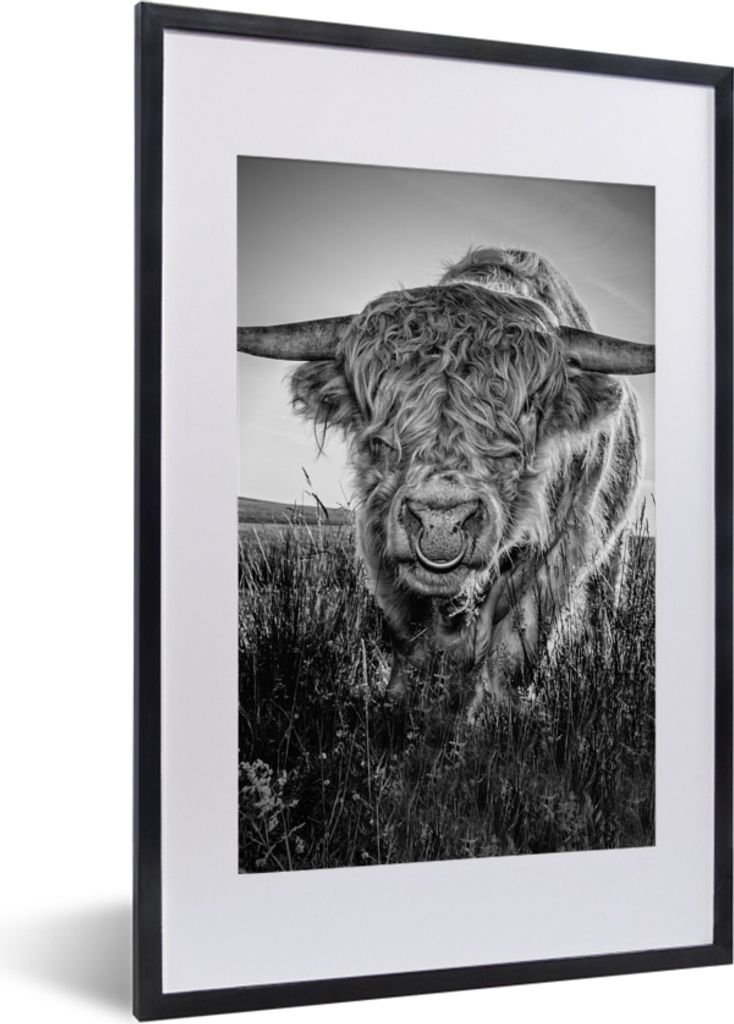 MuchoWow Gerahmtes Poster Schottischer Highlander - Schwarz und Weiß 40x60 cm - Poster mit Schwarzem Bilderrahmen Wandposter Rahmen Foto Bilder ...