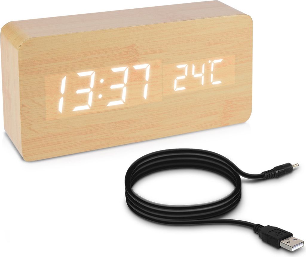 kwmobile Wecker Uhr in Holzoptik digital - Digitalwecker Anzeige von Uhrzeit Temperatur Datum - Alarm Clock mit USB Kabel in Birke mit weißen LEDs