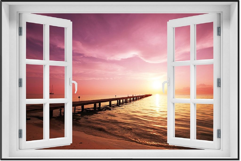 Wallario Wandbild mit Fenster-Illusion: Auf dem Weg zur Sonne Steg am Meer, Größe: 61 x 91,5 cm, Poster mit schwarzem Aluminiumrahmen