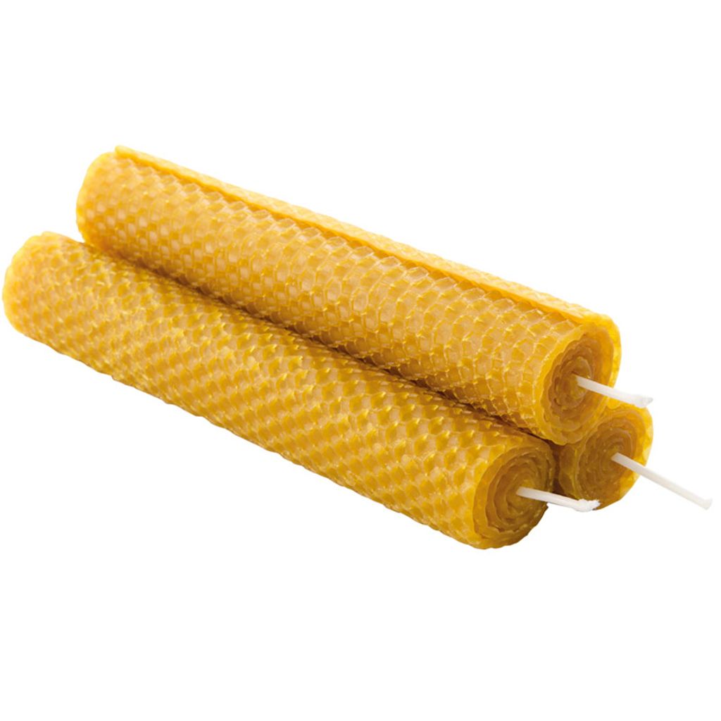 Three rolled beeswax candles with wicks are stacked diagonally against a white background.