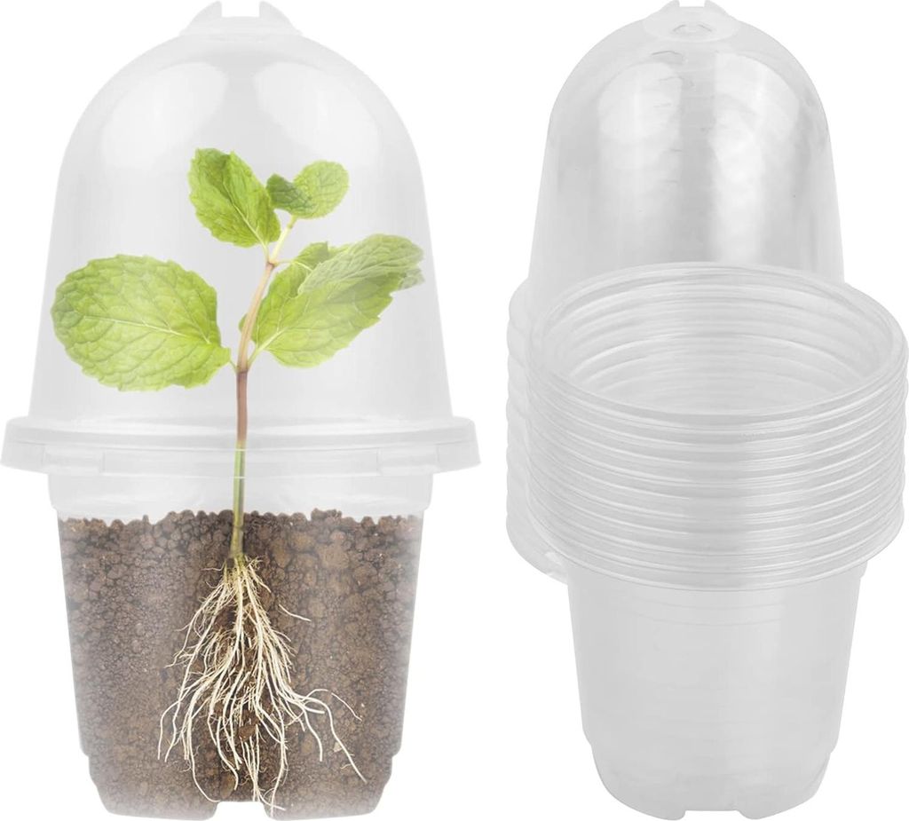 Transparente Kunststoff Pflanzenpotten - 10 Anzuchtstöpfe + 10 Feuchtigkeitskuppeln - ideal für Setzlinge und Stecklinge