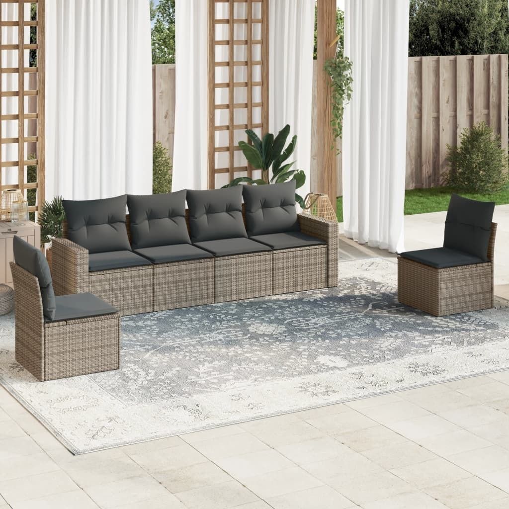 Design 6-tlg. Garten-Sofagarnitur mit Kissen Grau Poly Rattan, Gartenmöbel-Sets 2024 Neu