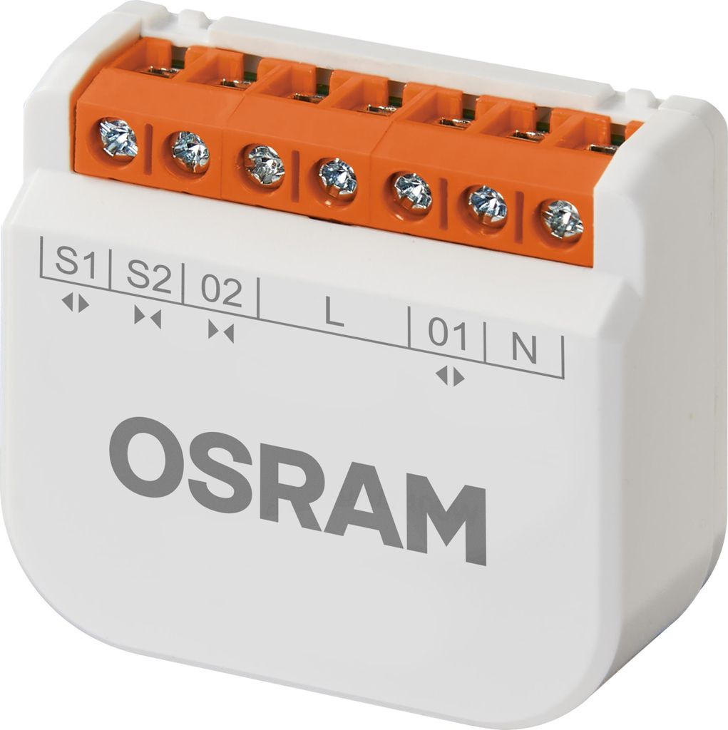 A white electronic device with orange connectors and silver screws, labeled with 'OSRAM' and various technical markings.