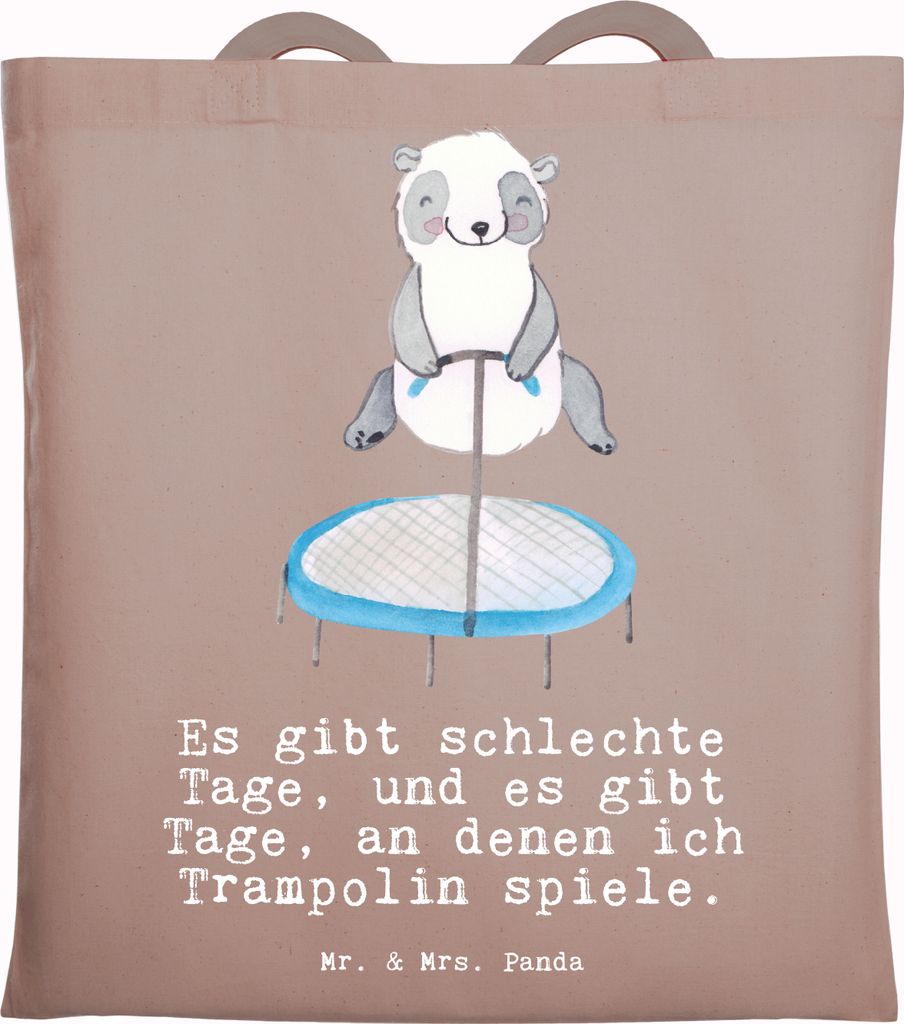Mr. & Mrs. Panda Einkaufstasche Panda Trampolin springen - Braun Pastell - Geschenk, Fitnessstudio, Shopping Tasche, Laptoptasche, Turnen, Tote Bag...