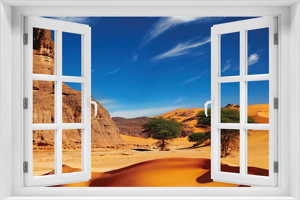 Wallario selbstklebendes Poster mit Fenster-Illusion - In der Wüste Sahara, Größe: 61 x 91,50 cm
