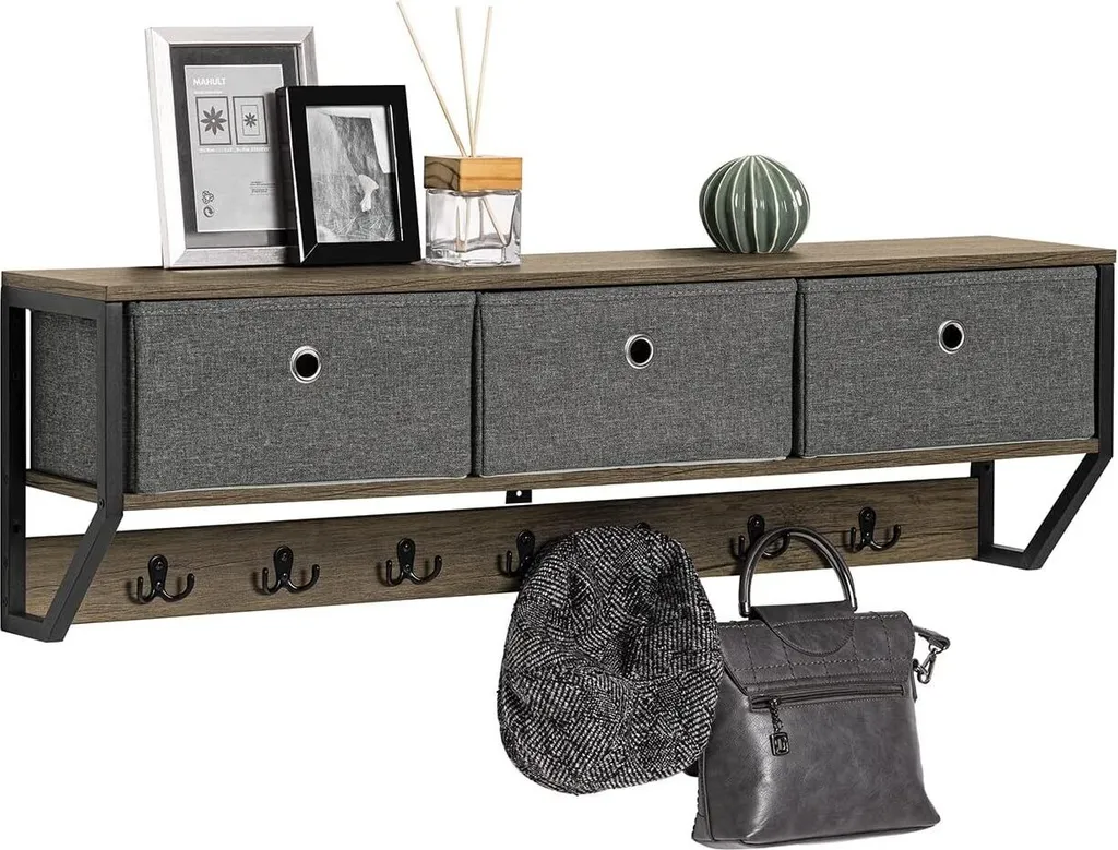 SoBuy Porte-manteau mural en bois et métal avec 3 paniers et 7 crochets