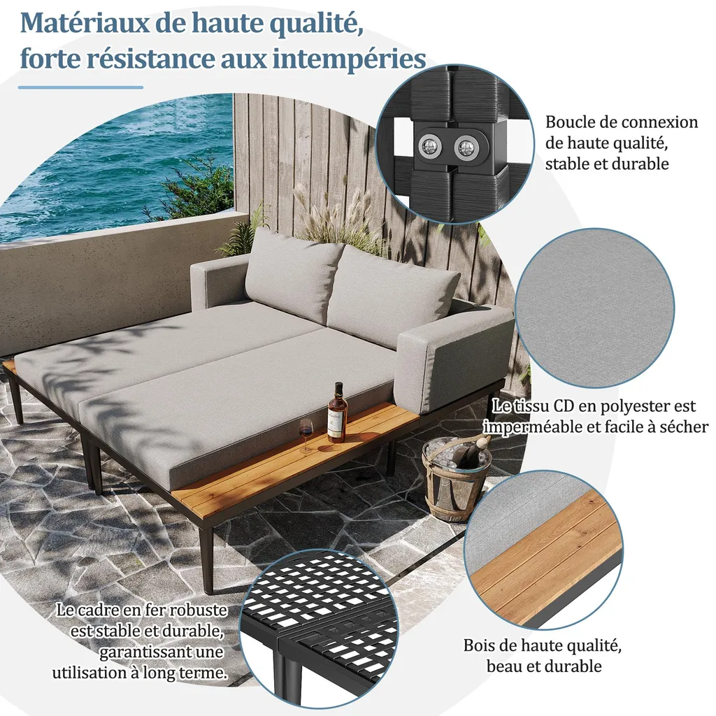 Salon de Jardin Lit Double en Métal et Polyester Gris avec Rangement Chic - 5