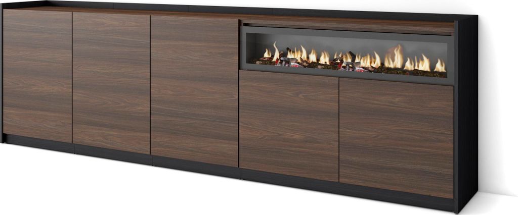 Sideboard, Highboard, 260x37x80cm, 5 Türen, Elektrokamin., Dunkler Eiche und Schwarz