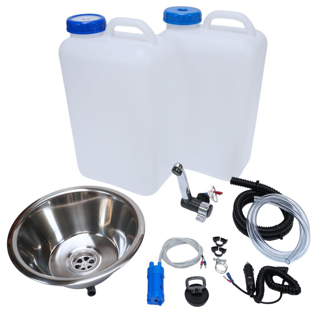 12V Camping Spüle rund 28cm Bausatz mit 19L Kanister Spülbecken Waschbecken Set