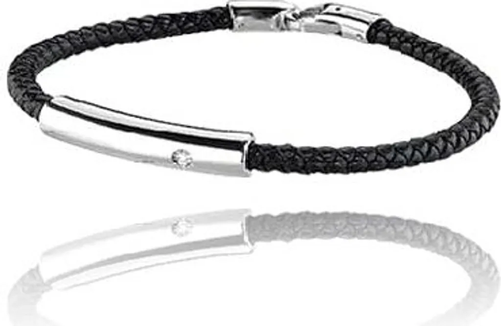 Regalo Uomo: Bracciale in Pelle con Acciaio 316L e 1 Zircone 19cm