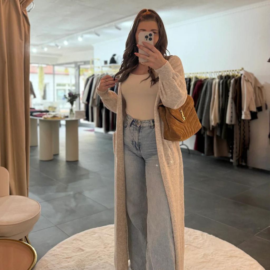 Langer Cardigan Strick Damen "Lana" Beige Onesize (XS-XL), für Frauen Langarm Cardigan mit Taschen, Cardigan Langarm Strickjacke Sweatjacke Frau J...