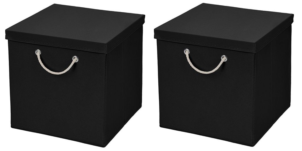 2 Stück Schwarz Faltbox 30 x 30 x 30 cm Aufbewahrungsbox faltbar mit Kordel und mit Deckel