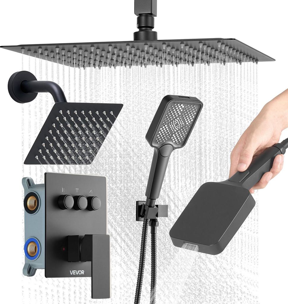 VEVOR Duschsystem-Set mit 12 Zoll Regenduschsystem / 6 Zoll Wandmontagekopf / 4 in 1 Handbrause, drehbarer Doppelregenkopf (3 Funktionen), Messingv...