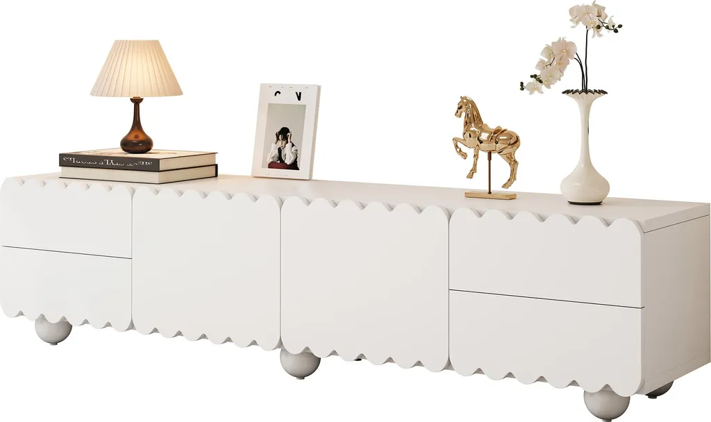 Banc TV blanc design unique 175 cm Fortuna Lai pour grand écran plat