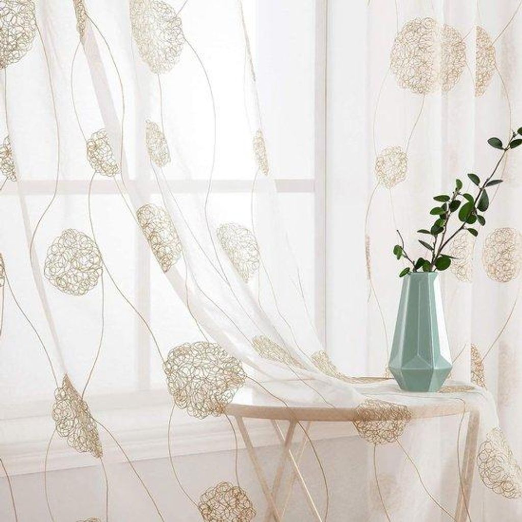 Moderne gordijnen mit goldenem Borduropatroon - transparent - für Wohnzimmer und Schlafzimmer - 2 Stücke kurz - 140 x 160 cm.