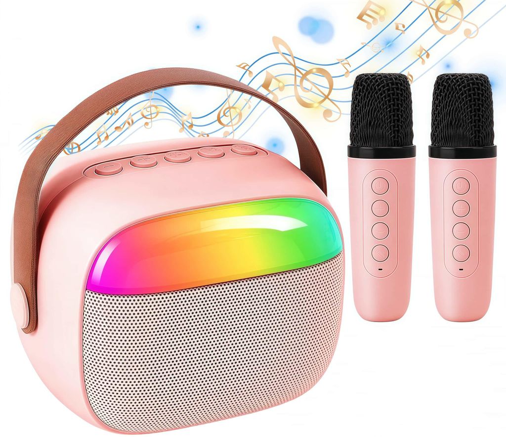 Kinder-Karaoke-Maschine, tragbarer Bluetooth-Lautsprecher mit 2 kabellosen Mikrofonen, Weihnachtsgeschenke für Mädchen Kinder, Rosa