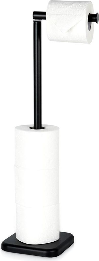 A black toilet paper holder with two rolls of toilet paper on a white background.