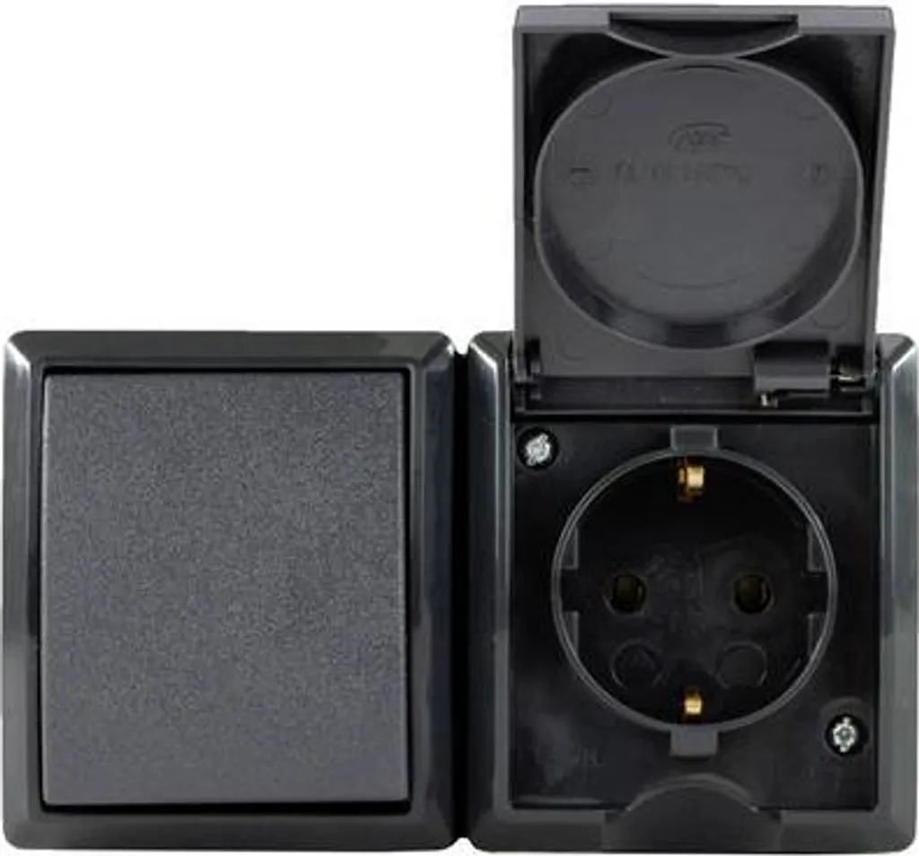 Pack Prise + Interrupteur pour Garage et Sous-sol IP44 REV Noir Saillie