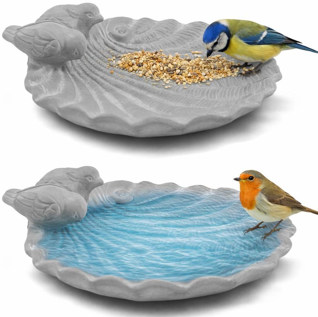 2er Set Vogeltränke „Muschel“ aus Zement – Vogelbad & Futterschale mit Deko-Vögeln – wetterfest für Garten, Balkon & Terrasse – Ø 25,...