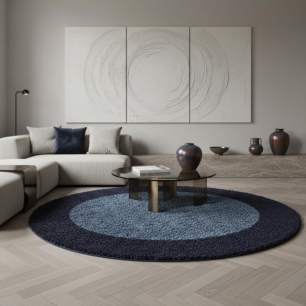 Hochflor Shaggy Bordüren-Design Weich Flauschig Waschbar Strapazierfähig | Rund Marineblau 160x160 cm Wohnzimmer Schlafzimmer | RHEIN – Kadima ...