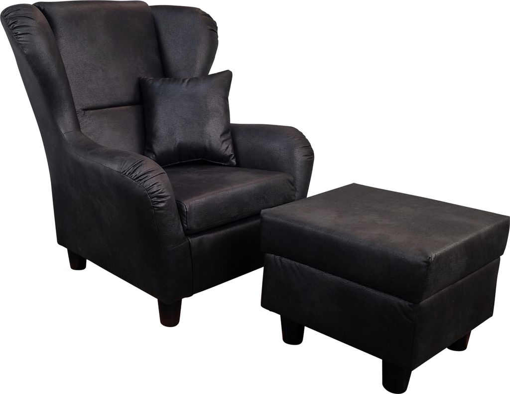 Ohrensessel mit Hocker Landhaus Polster-TV-Lesesessel Lederoptik Vintage Schwarz / 18007