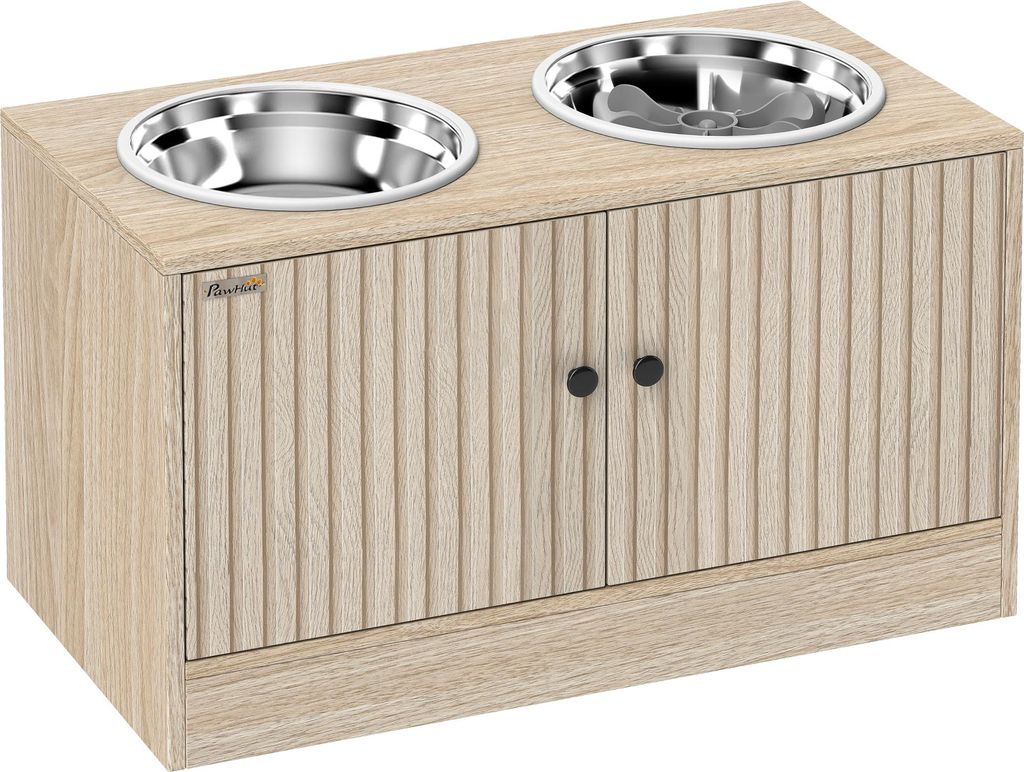 Hundefutterstation mit 2 Edelstahl-Näpfen, Schrank für Utensilien, für große Hunde, Zubehör, Holz