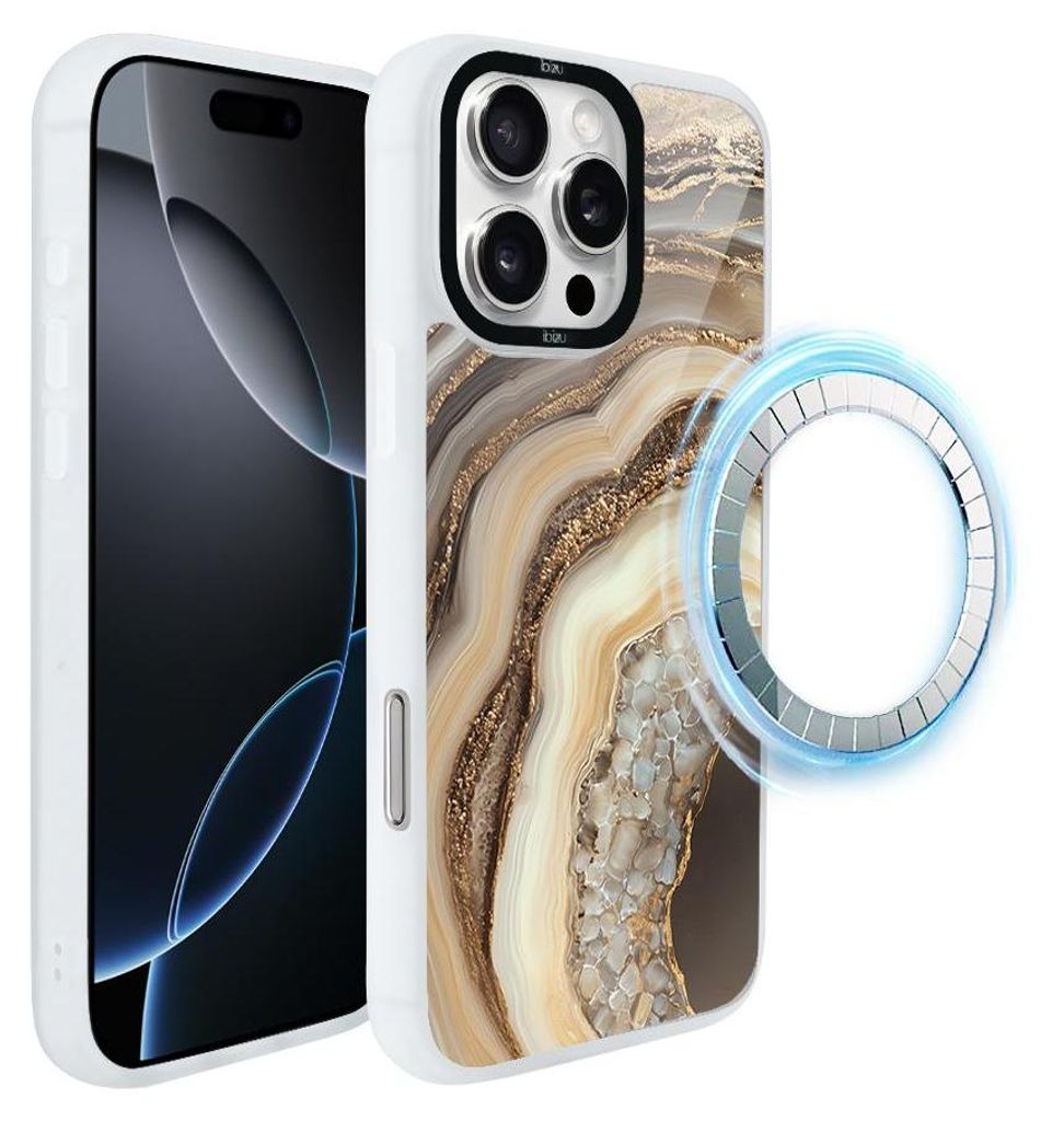 Schutzhülle für das iPhone 16 Pro Max, MagSafe-kompatibel, mattweiße Seiten, Zierstein, Achat