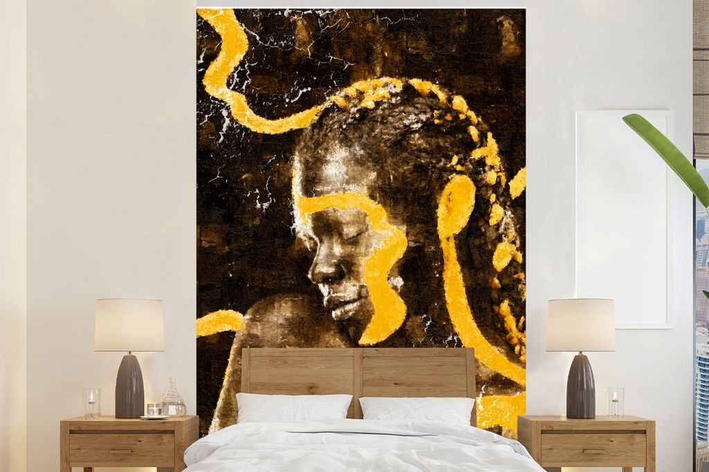 MuchoWow Fototapete für Wohnzimmer oder Schlafzimmer Wandtapete Vinyl Motivtapete Frau - Schwarz - Gold - 225x350 cm - Schlafzimmer tapete
