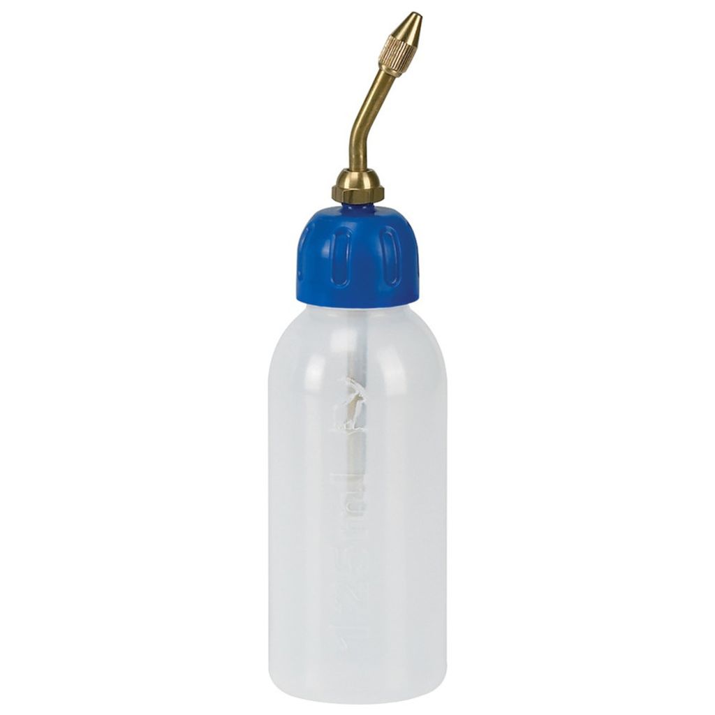 A clear product shot of an oiler bottle with a blue cap and a brass nozzle, set against a plain white background.