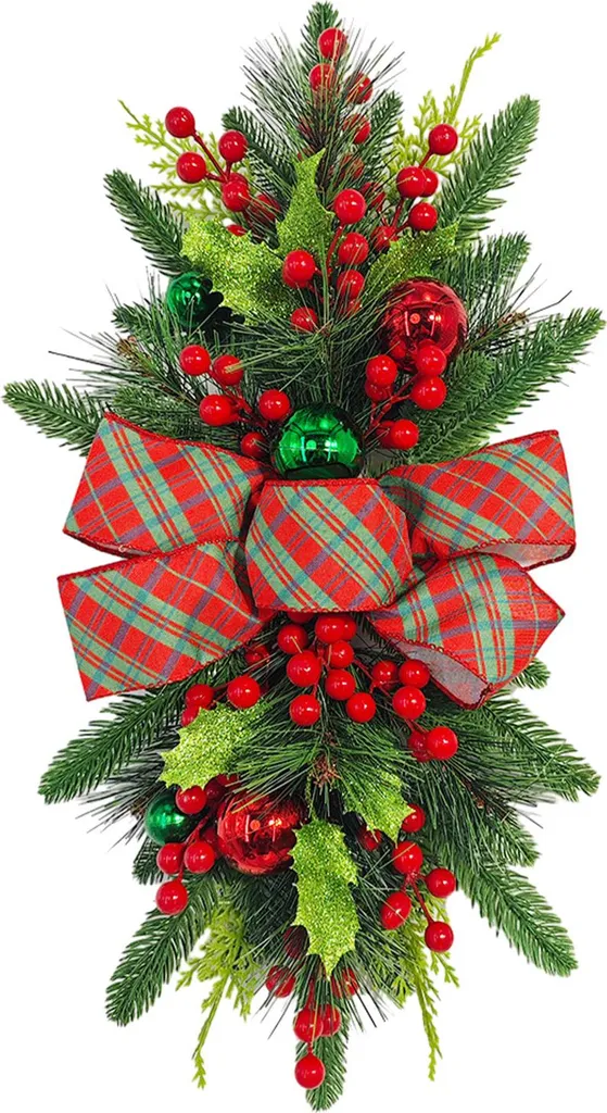 Décoration de Noël pour escalier sans fil en vert et rouge festif