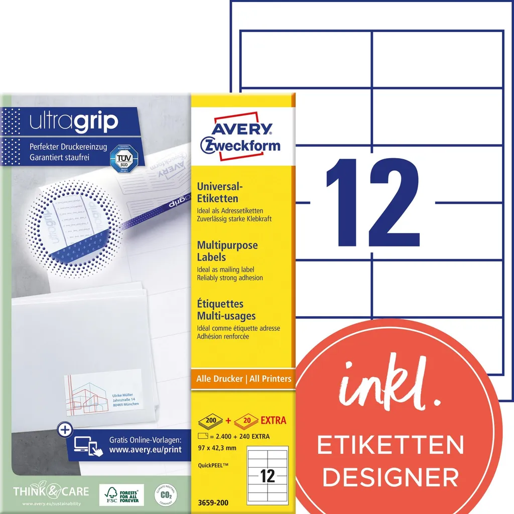 Avery 3659-200 Etichette Indirizzi 97x42,3 - 200 Fogli UltraGrip