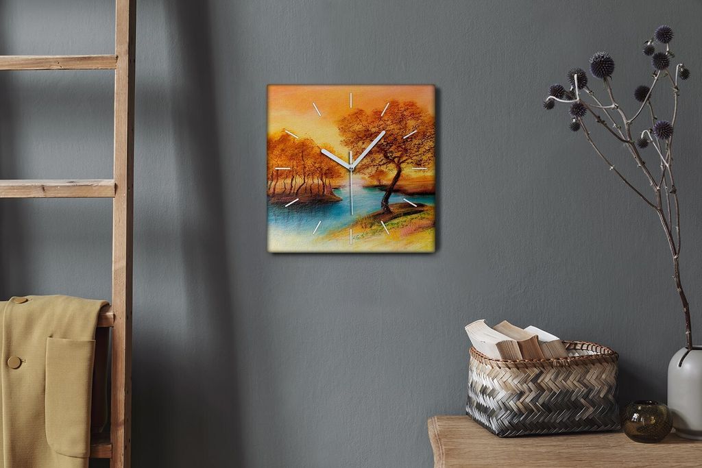 Coloray Hodiny Unikátní 30x30 cm Tiché hodiny Pro obývací pokoj a kuchyň Nástěnné hodiny Plátno Bílé ručičky hodin - Podzimní lesní...