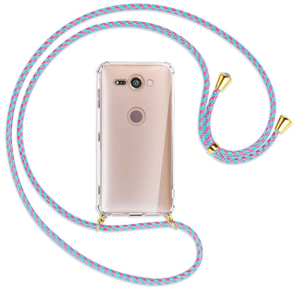 Handykette Backcover-Schutzhülle mit Band (Metall goldfarben) für Sony Xperia XZ2 Compact - pink/mint