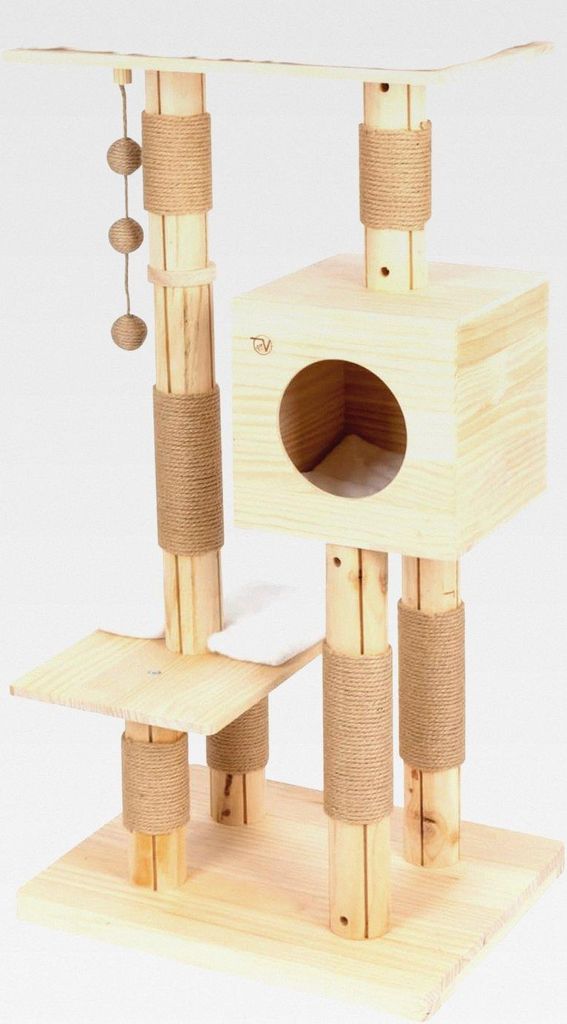 Kratzbaum Momme 117cm, Premium Massivholz Katzenkratzbaum mit Plattformen und Echtholzstämmen aus Kiefer