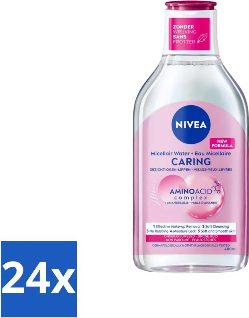 NIVEA - Acqua micellare - Essentials Soothing & Caring - Per la pelle secca - Con olio di mandorle e aminoacidi - 400 ml - Value pack - 24 pezzi